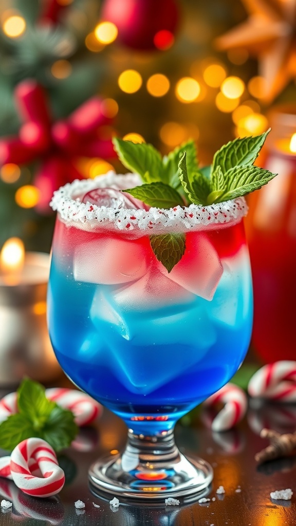 A colorful Christmas ornament cocktail with layers of cranberry and orange juice, garnished with mint and candy cane rim.
